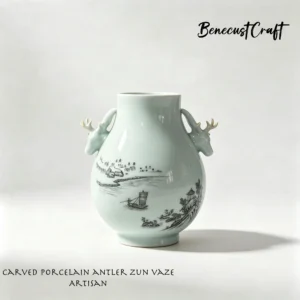 Hand-painted antler zun vase with sailing boat, symbol of smooth sailing and safe journey, by BenecustCraft.