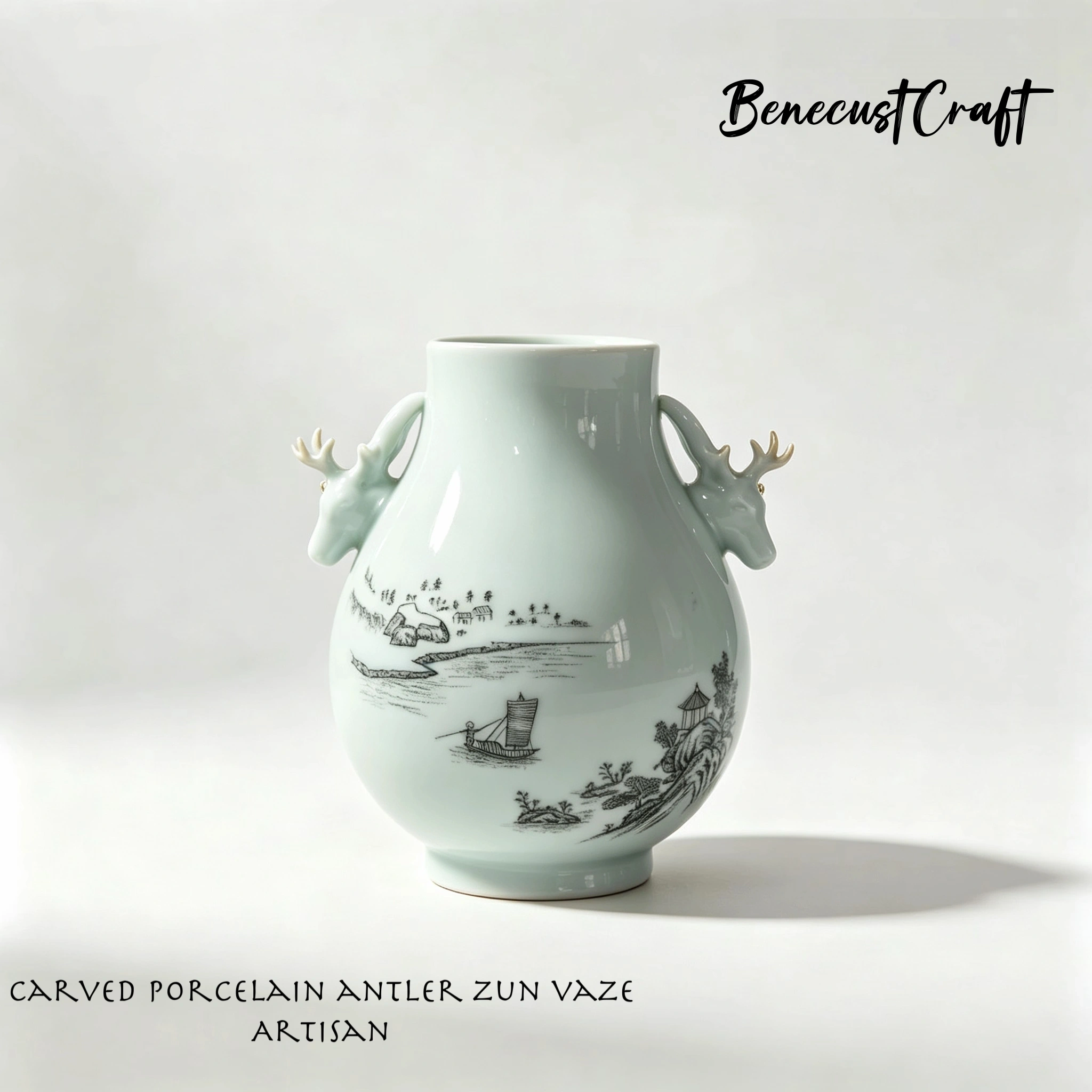 Hand-painted antler zun vase with sailing boat, symbol of smooth sailing and safe journey, by BenecustCraft.