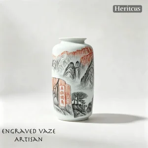 Hand-carved porcelain vaze with Mount Tai landscape, symbol of stability and endurance, by Heritage & Craft.