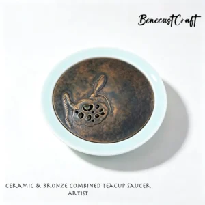 Ceramic and hammered copper combination Tea Cup Coaster , mixed-material design with engraved copper rim and ceramic center, by BenecustCraft