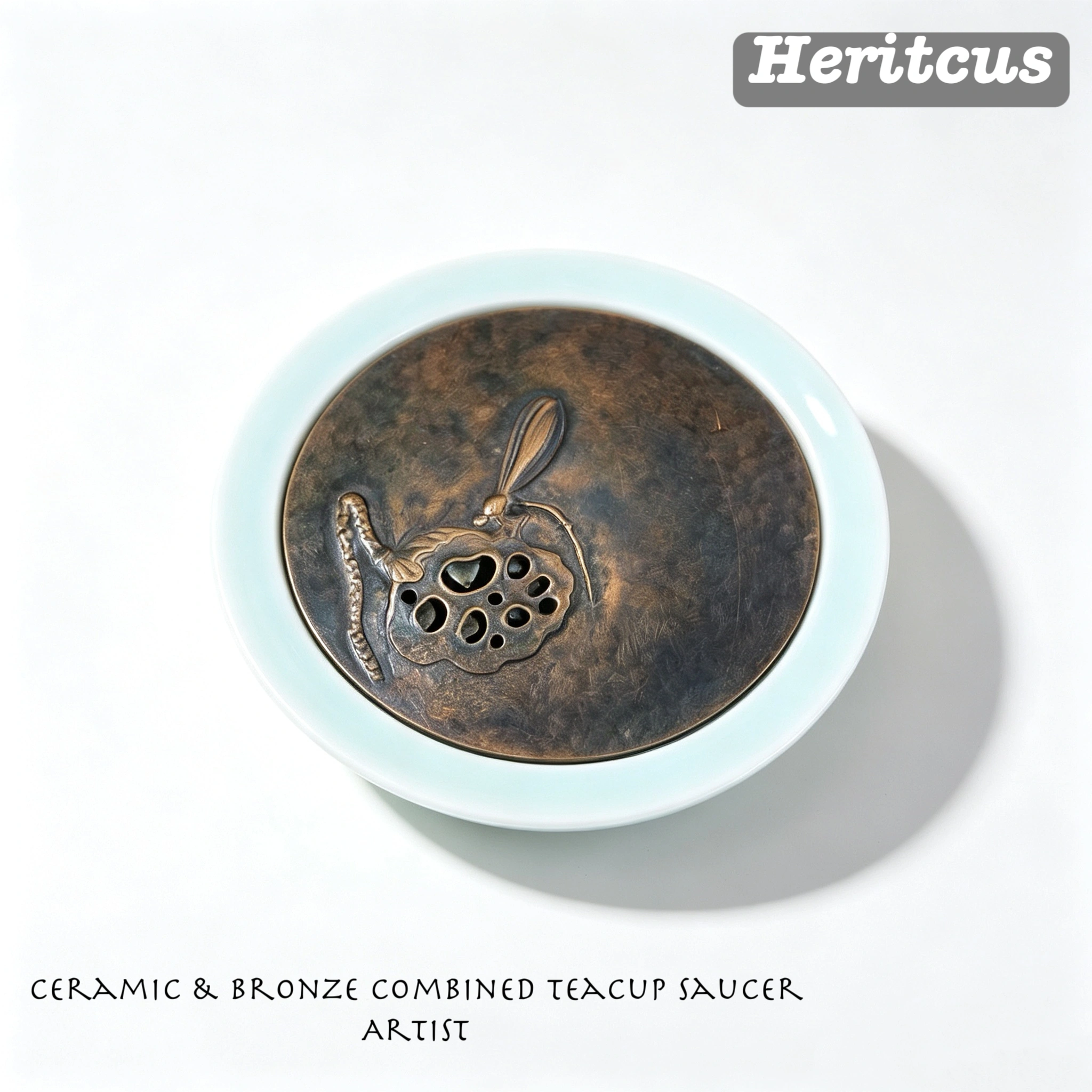Ceramic and hammered copper combination teacup saucer, mixed-material design with engraved copper rim and ceramic center, by Heritage & Craft.