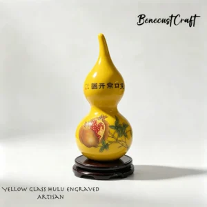 Carved chicken-fat yellow glass gourd with Chinese calligraphy Always Smile, symbol of happiness and positive energy, by BenecustCraft.
