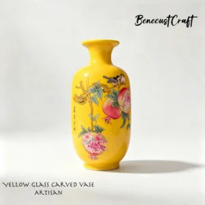 Hand-carved imperial yellow glass large vase featuring pomegranate, representing "may you have many children and abundant blessings", by BenecustCraft.
