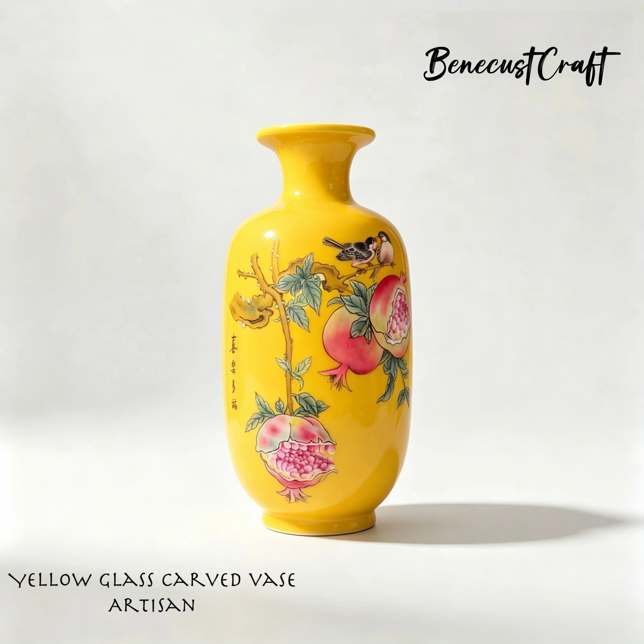 Hand-carved imperial yellow glass large vase featuring pomegranate, representing "may you have many children and abundant blessings", by BenecustCraft.