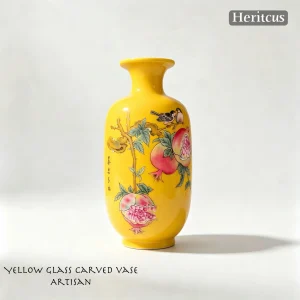 Hand-carved imperial yellow glass large vase featuring pomegranate, representing "may you have many children and abundant blessings", by Heritage & Craft.