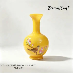 Carved chicken-fat yellow glass slender-neck vase with flower and bird motif, symbol of good fortune and harmony in Chinese tradition, by BenecustCraft.