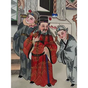 Close-up of ancestral figures‘ faces in Chinese hand-painted scroll, showing traditional Ming/Qing dynasty costume and expression details,