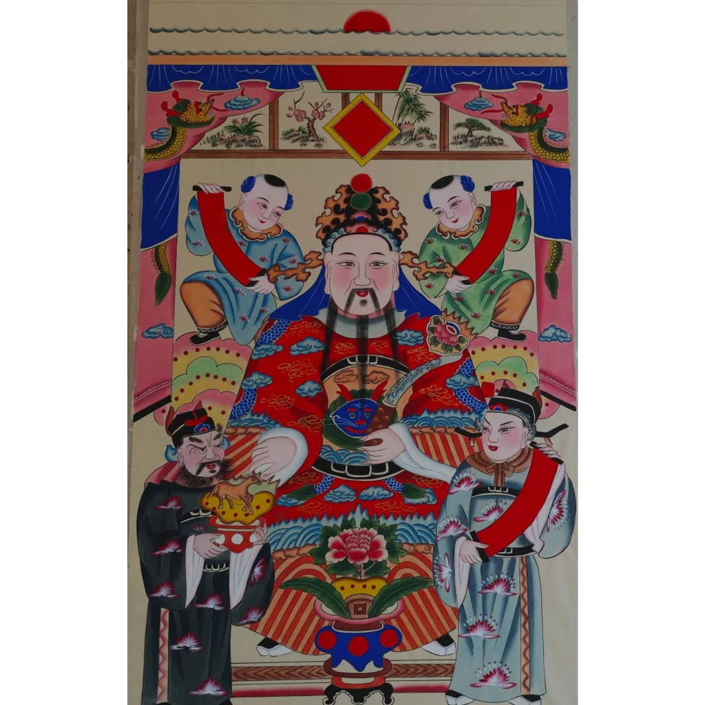 Hand-painted Chinese Civil God of Wealth painting, traditional folk art,