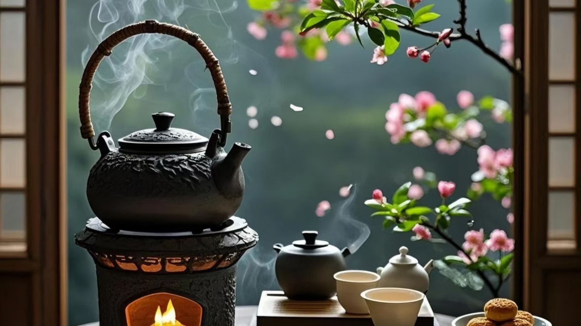 Traditional Chinese tea ceremony setup with teapot, cups, and tea utensils on a wooden tea table