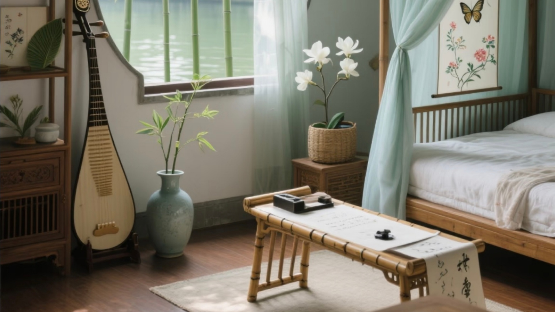 Eastern aesthetics bedroom interior with wooden furniture, soft lighting, and traditional decor elements