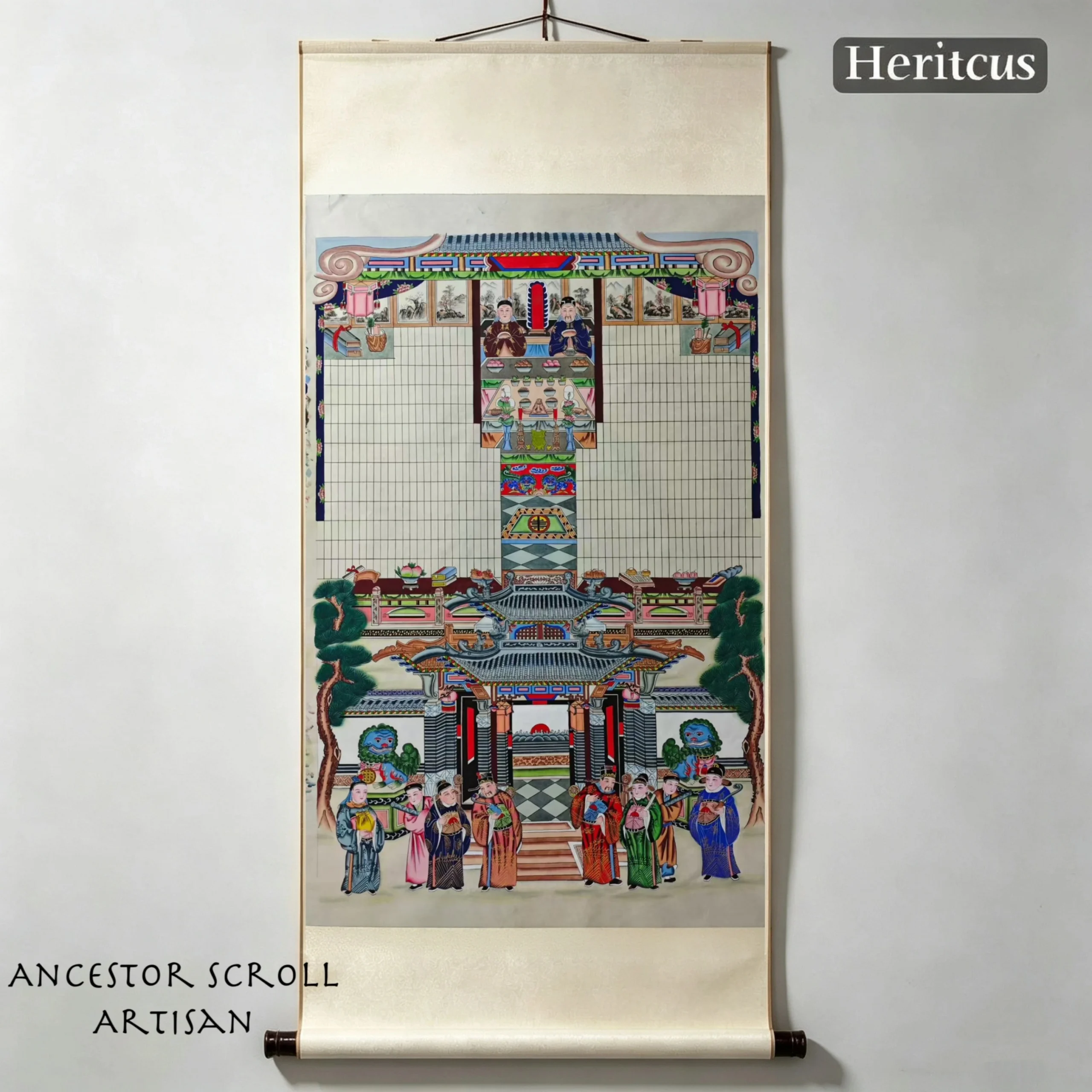 Chinese ancestor painting,Hand-painted Gaomi Puhui family ancestor shrine scroll, honoring ancestral heritage, by Heritage & Craft.