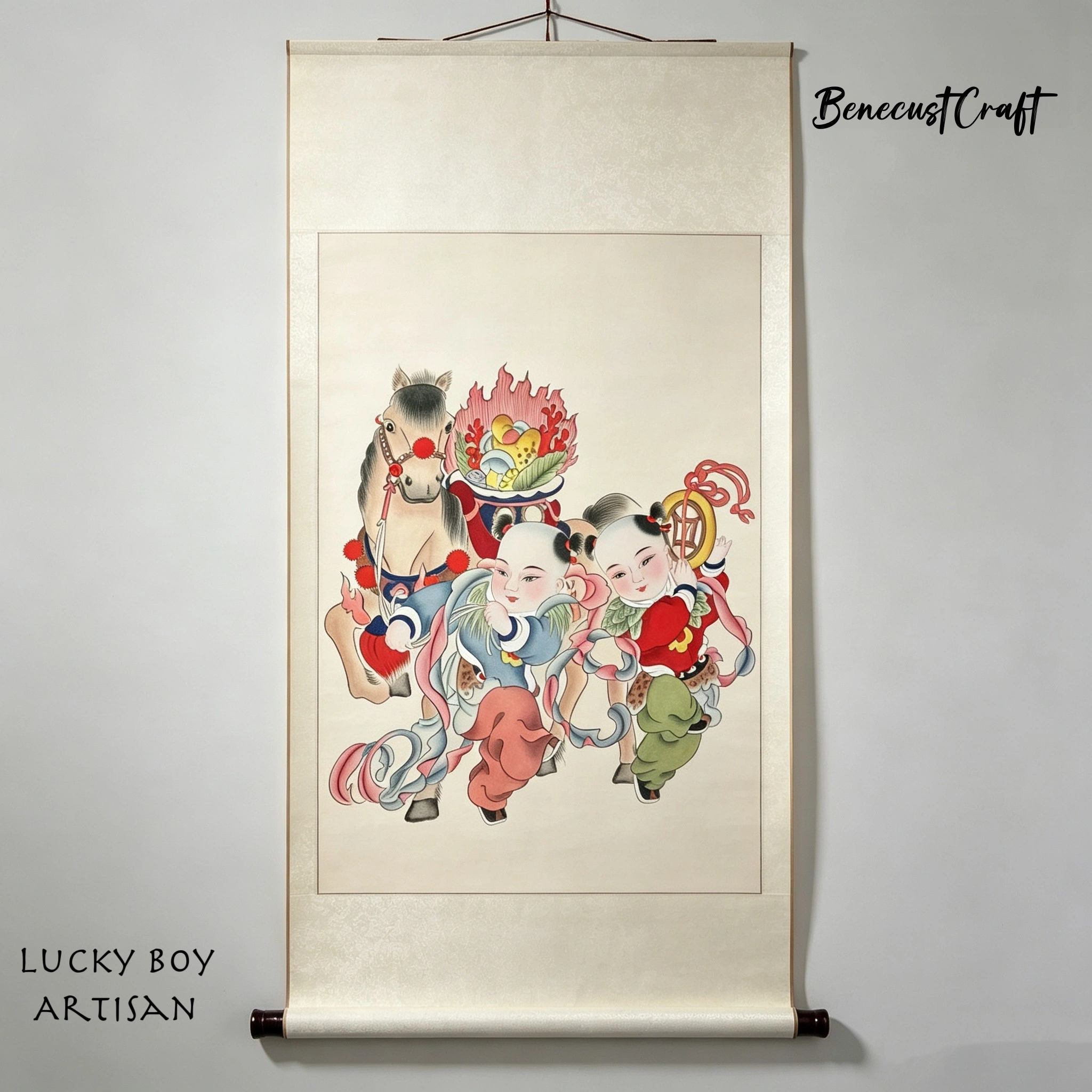 Hand-painted Gaomi Puhui New year paintings lucky boy with lotus and ruyi, symbol of purity and good luck, by BenecustCraft.