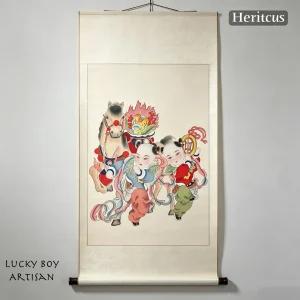 Hand-painted Gaomi Puhui lucky boy with lotus and ruyi, symbol of purity and good luck, by Heritage & Craft.