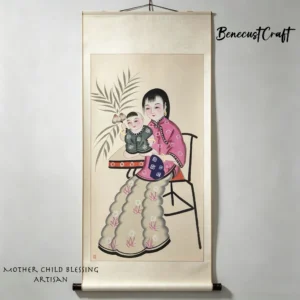 Hand-painted Gaomi Puhui qilin and mother with child, symbol of fertility and family blessings, by BenecustCraft.