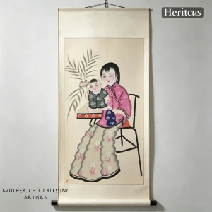 Hand-painted Gaomi Puhui qilin and mother with child, symbol of fertility and family blessings, by Heritage & Craft.
