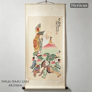 Hand-painted Gaomi Puhui Three Star Gods Fu Lu Shou, symbol of fortune, prosperity and longevity, by Heritage & Craft.