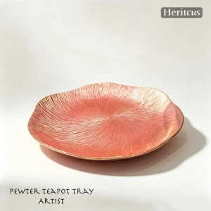 Decorative Hand-hammered copper Hu Cheng teapot stand with brushed finish, traditional Chinese Gongfu tea accessory, by Heritage & Craft.