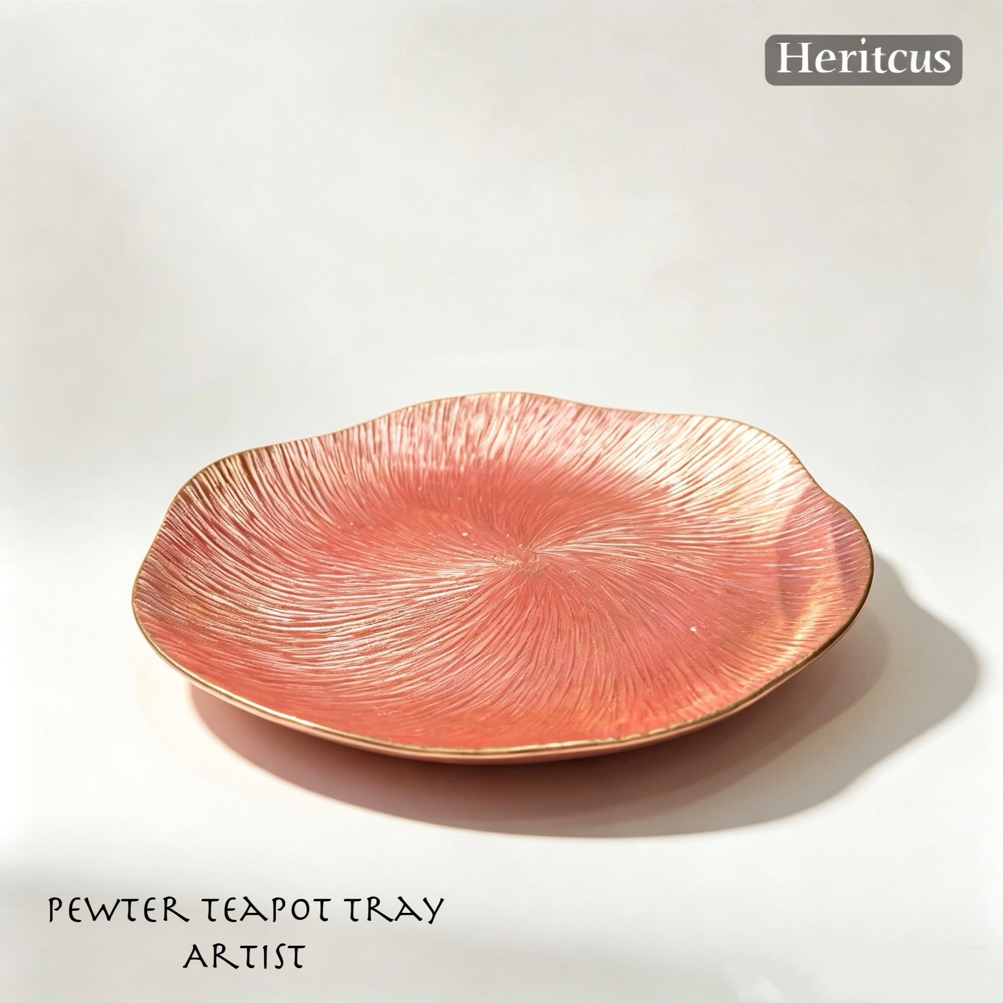 Decorative Hand-hammered copper Hu Cheng teapot stand with brushed finish, traditional Chinese Gongfu tea accessory, by Heritage & Craft.