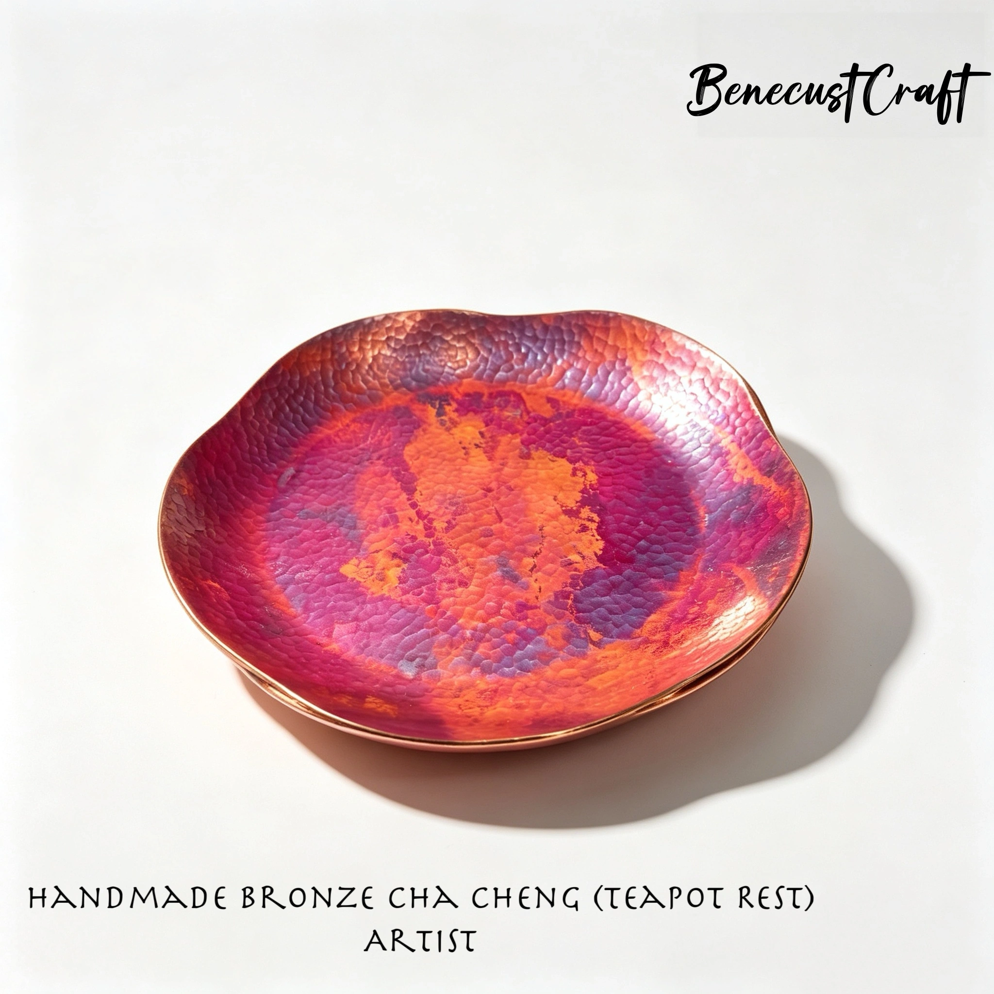 oxidized, hammered copper teapot stand (Hu Cheng), showcasing a convex-concave surface and rich patina, by BenecustCraft