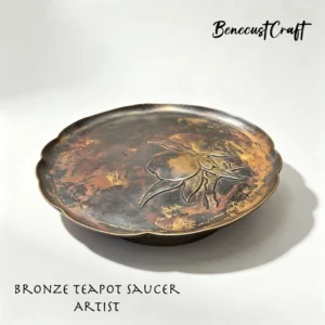 oxidized hammered copper teapot stand with hand-engraved landscape scene, rustic patina, by BenecustCraft.