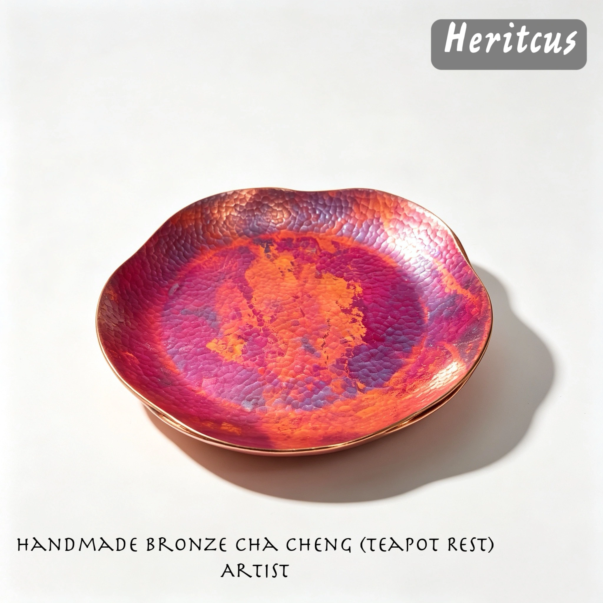oxidized, hammered copper teapot stand (Hu Cheng), showcasing a convex-concave surface and rich patina, by Heritage & Craft.