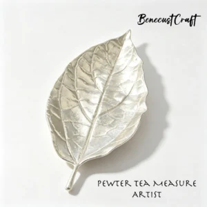Hammered tin leaf-shaped tea scoop with handcrafted textured surface, traditional Chinese tea accessory,by BenecustCraft