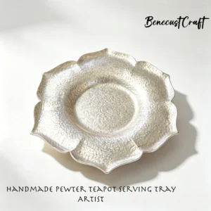 Hammered tin petal-shaped teapot stand with handcrafted textured surface, traditional Chinese tea accessory, BenecustCraft