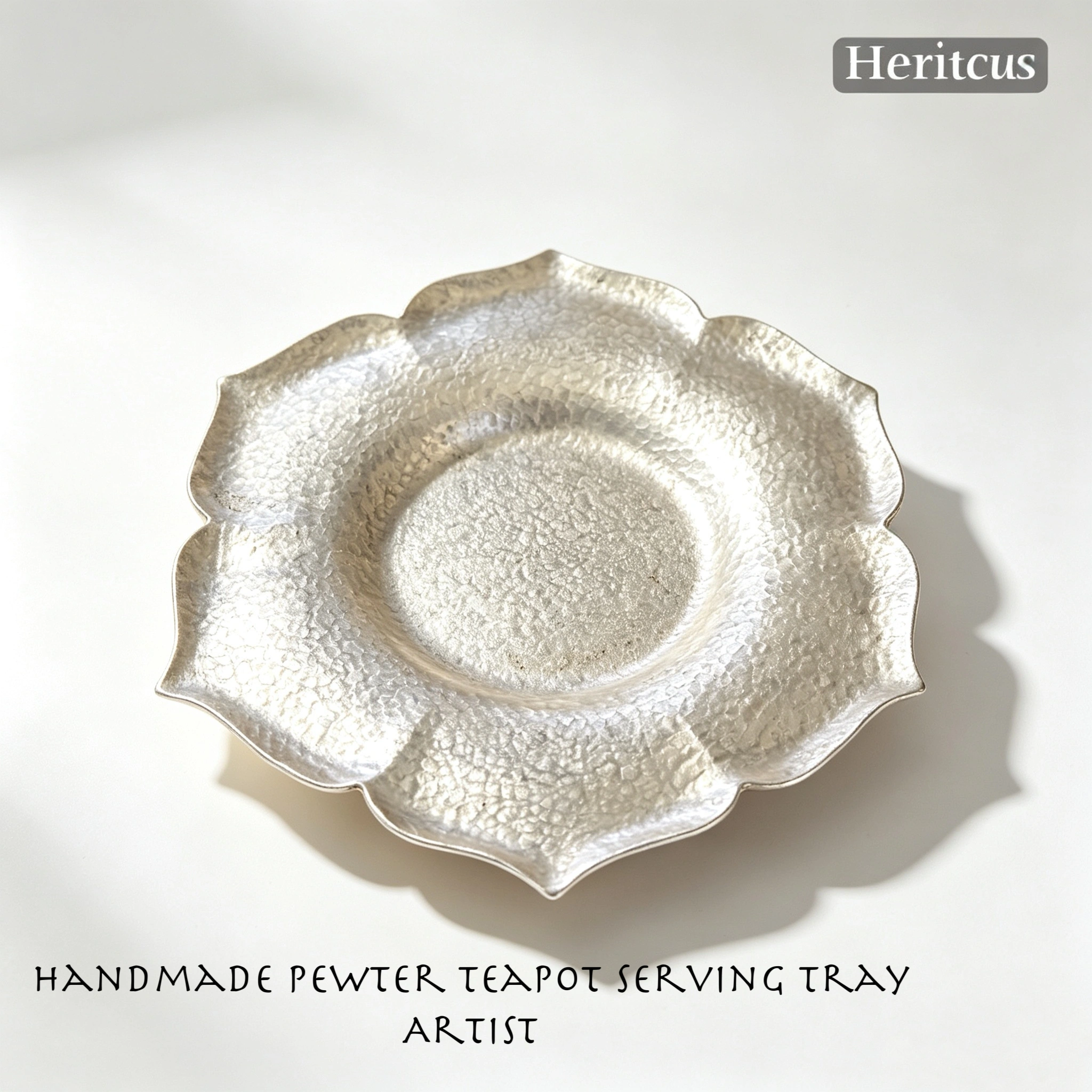 Hammered tin petal-shaped teapot stand with handcrafted textured surface, traditional Chinese tea accessory, by Heritage & Craft.