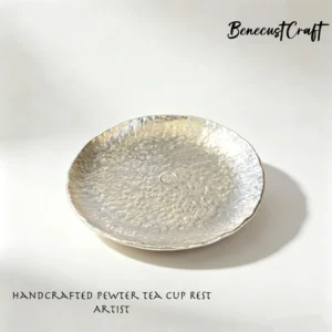 Hammered tin Tea Cup Coaster with handcrafted textured surface, traditional Chinese tea accessory, by BenecustCraft.