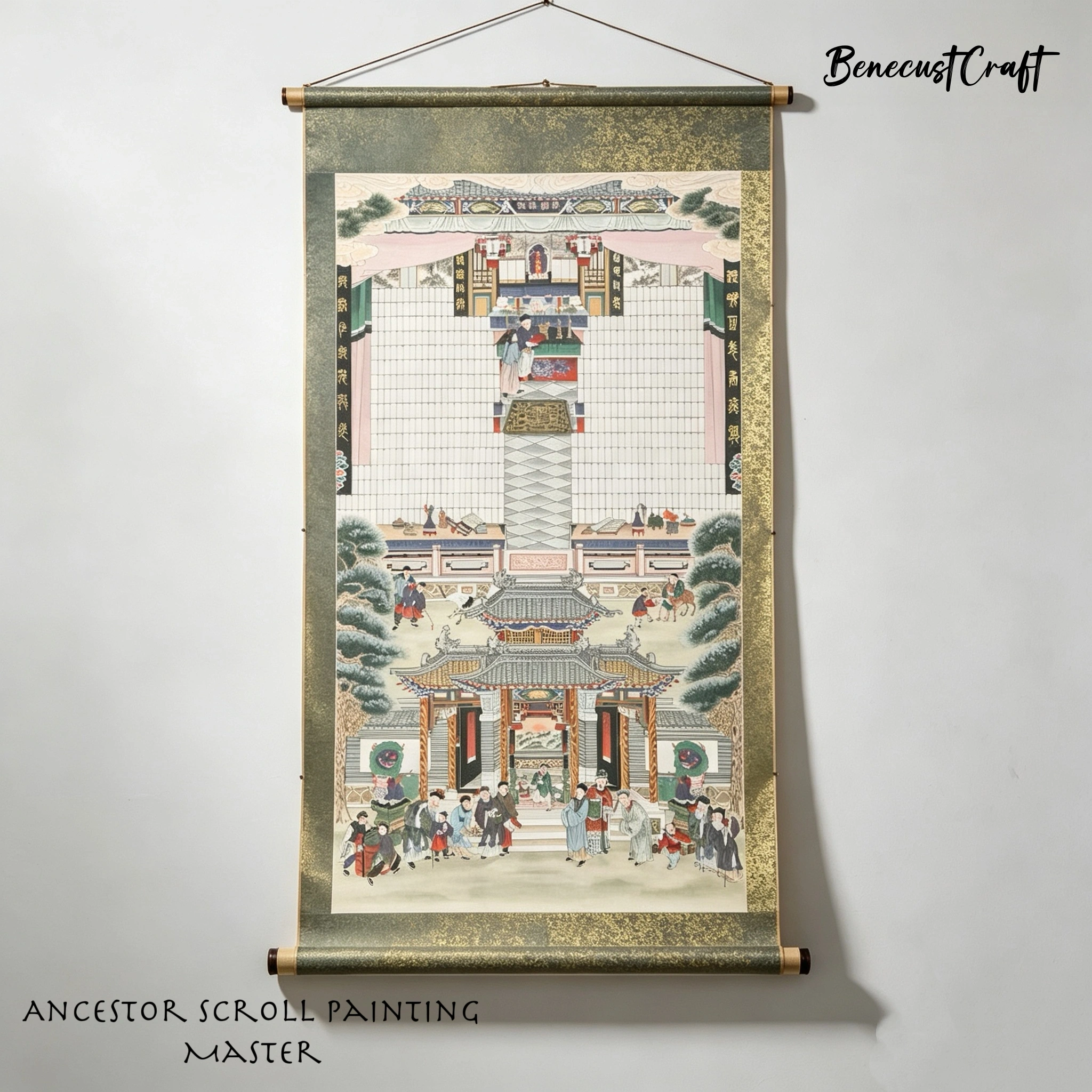 Master-level hand-painted Chinese ancestor shrine scroll, family genealogy painting for ancestral worship, traditional folk art, by BenecustCraft.