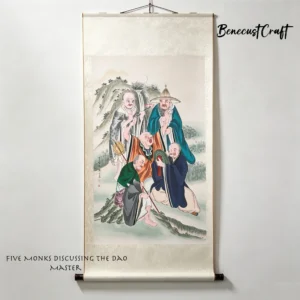 Master-level hand-painted Gaomi Puhui painting of five monks discussing the Dao, traditional Chinese folk art, by BenecustCraft.
