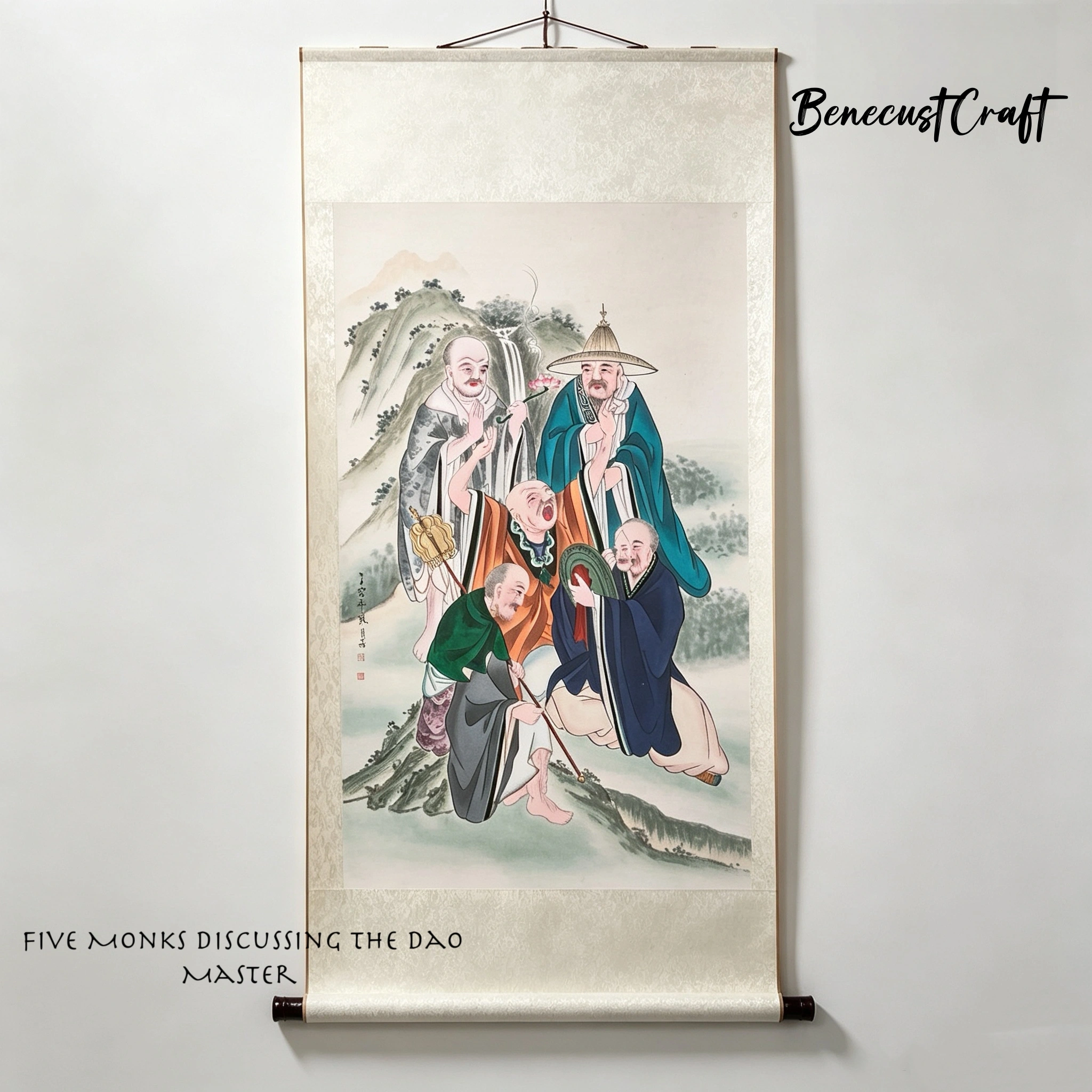 Master-level hand-painted Gaomi Puhui painting of five monks discussing the Dao, traditional Chinese folk art, by BenecustCraft.