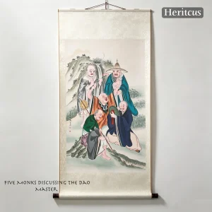 Master-level hand-painted Gaomi Puhui painting of five monks discussing the Dao, traditional Chinese folk art, by Heritage & Craft.