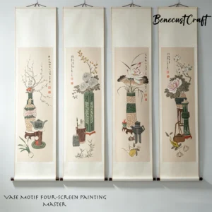 Master-level hand-painted Gaomi Puhui four-panel screen painting with seasonal flowers and birds, traditional Chinese folk art, by BenecustCraft