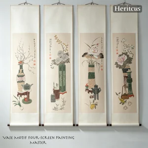 Master-level hand-painted Gaomi Puhui four-panel screen painting with seasonal flowers and birds, traditional Chinese folk art, by Heritage & Craft.