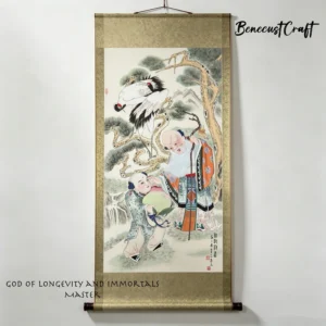 Master-level hand-painted Gaomi Puhui Shou Xing God of Longevity with crane and attendant boy, symbol of long life and happiness, by BenecustCraft.
