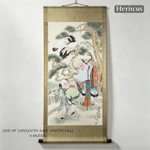 Master-level hand-painted Gaomi Puhui Shou Xing God of Longevity with crane and attendant boy, symbol of long life and happiness, by Heritage & Craft.