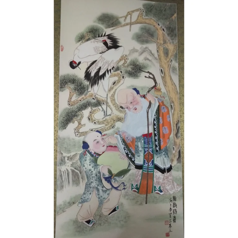 chinese folk art painting of Shou Xing God of Longevity, crane and young attendant, traditional blessing art,