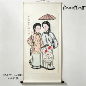Master-level hand-painted Gaomi Puhui new year paintings of sisters walking and chatting, daily life scene of women in traditional Chinese folk art, by BenecustCraft.