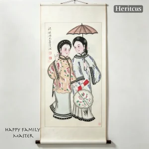 Master-level hand-painted Gaomi Puhui painting of sisters walking and chatting, daily life scene of women in traditional Chinese folk art, by Heritage & Craft.