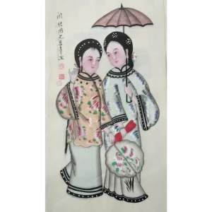 chinese folk art painting of sisters walking and chatting, depicting leisurely daily life and family bonds,