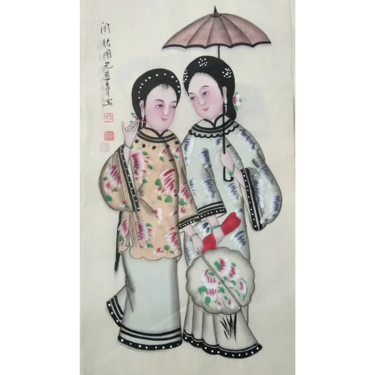 new year painting,chinese folk art painting of sisters walking and chatting, feng shui paintings for bedroom,