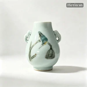 Master-level Luqing ceramic carved deer zun vase with bird and lotus flower design, overall view of celadon porcelain art, by Heritage & Craft.
