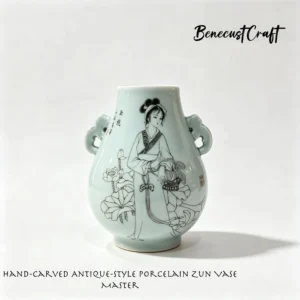 Master-level Luqing ceramic carved deer zun vase with Xi Shi beauty design, overall view of celadon porcelain art, by BenecustCraft