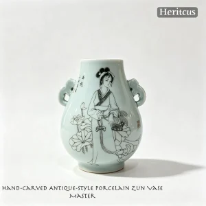 Master-level Luqing ceramic carved deer zun vase with Xi Shi beauty design, overall view of celadon porcelain art, by Heritage & Craft.