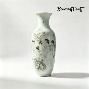 Master-level Luqing ceramic carved large vase with Dream of the Red Chamber figures, overall view of celadon porcelain art, by BenecustCraft.