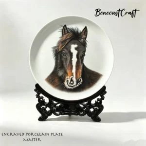 Master-level Luqing ceramic carved plate with horse head design, symbol of speed and career success, celadon porcelain art, by BenecustCraft.
