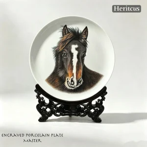 Master-level Luqing ceramic carved plate with horse head design, symbol of speed and career success, celadon porcelain art, by Heritage & Craft.
