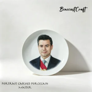 Master-level Luqing ceramic carved plate custom portrait service, featuring a hand-carved portrait case study, celadon porcelain art, by BenecustCraft.