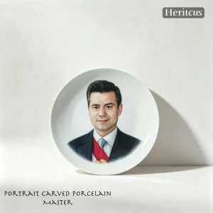 Master-level Luqing ceramic carved plate custom portrait service, featuring a hand-carved portrait case study, celadon porcelain art, by Heritage & Craft.